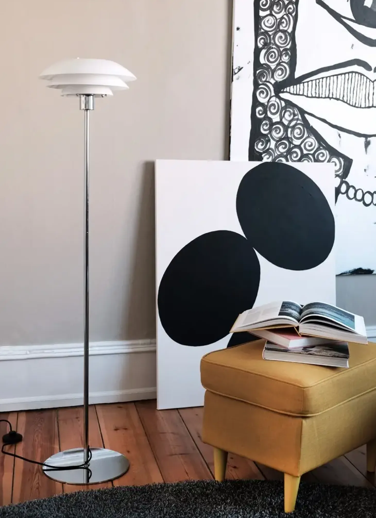 Dyberg Larsen - DL31 Opal gulvlampe - Opal hvid og Krom, Ø: 31 cm x H: 133 cm